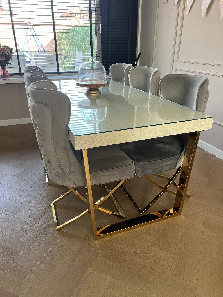 Eettafel met gouden poten., 200 cm of meer, Zo goed als nieuw, Vijf personen of meer, Rechthoekig