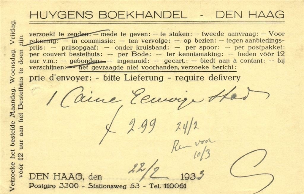Huygens Boekhandel, Den Haag - 02.1933 - bestelkaart voor bo, Ophalen of Verzenden, Briefkaart