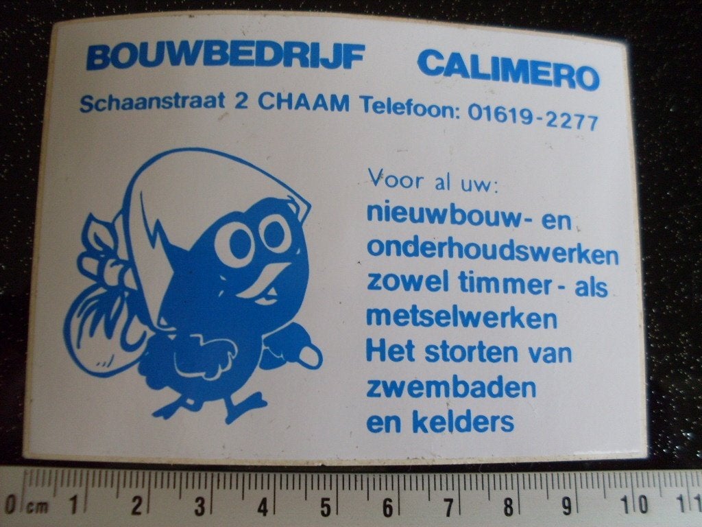 sticker bouwbedrijf calimero chaam logo nieuwbouw onderhoud, Verzamelen, Verzenden, Zo goed als nieuw, Bedrijf of Vereniging
