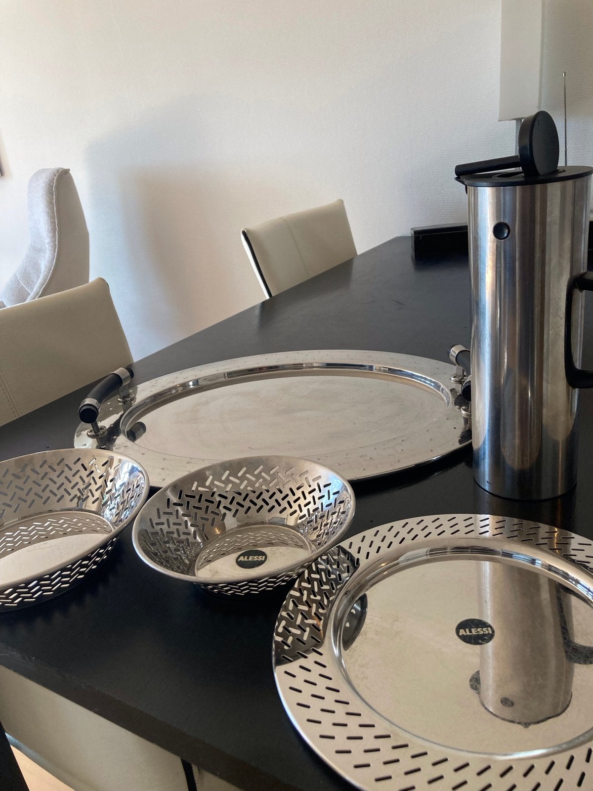Alessi schalen set (4x) en Stelton thermoskan, Ophalen, Gebruikt, Schaal, Rond