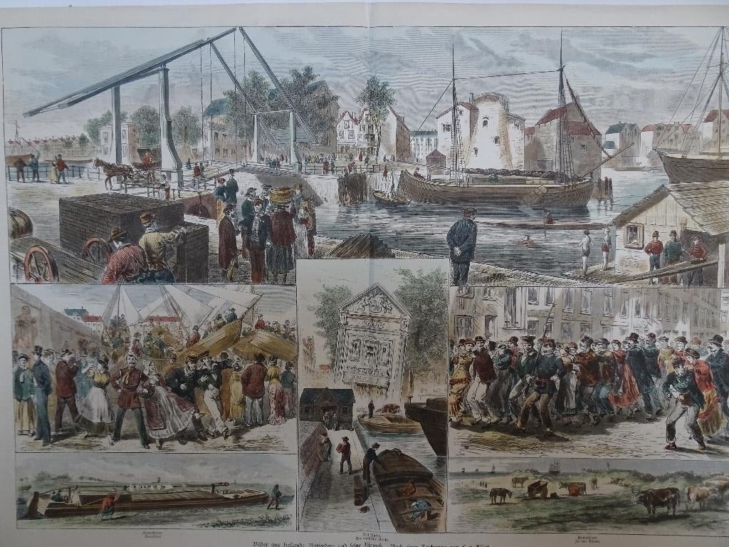 gravure kleur kermis Rotterdam trekschuit Engelse kerk 1882, Antiek en Kunst, Kunst | Etsen en Gravures, Dagelijks leven, 1800 - 1899