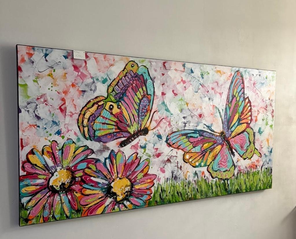 Vrolijk schilderij van vlinders en bloemen, gesigneerd Liz, Antiek en Kunst, Kunst | Schilderijen | Abstract, Ophalen of Verzenden