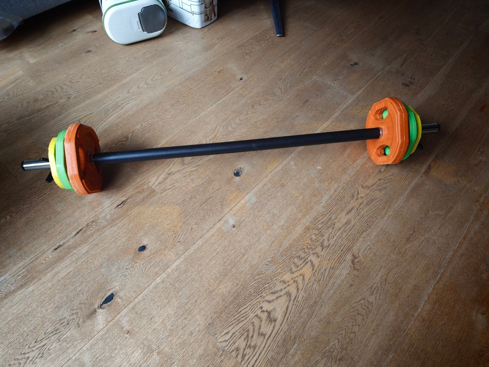 Bodypump barbel met halterschijven set, Sport en Fitness, Ophalen, Zo goed als nieuw, Armen, Halterschijven