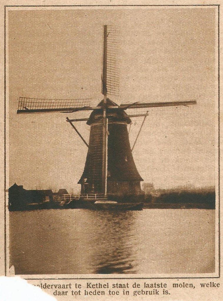 Schiedam Kethel knipsel Nieuwlandse molen 1927 Zuid-Holland, Gebruikt, Ophalen of Verzenden, Gebouw, Voor 1940