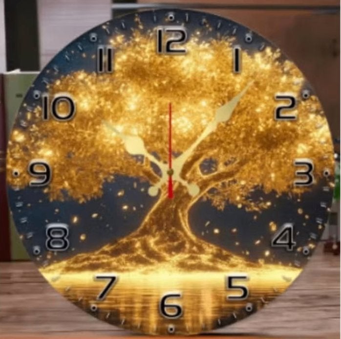 Ronde wandklok van hout Lichtgevende Levensboom (25cm), Ophalen of Verzenden, Nieuw, Wandklok