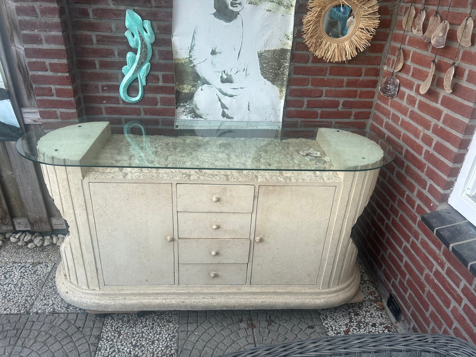 Fossiel   steen dressoir 1.80 breed, Ophalen, Overige materialen, Gebruikt, Met deur(en)
