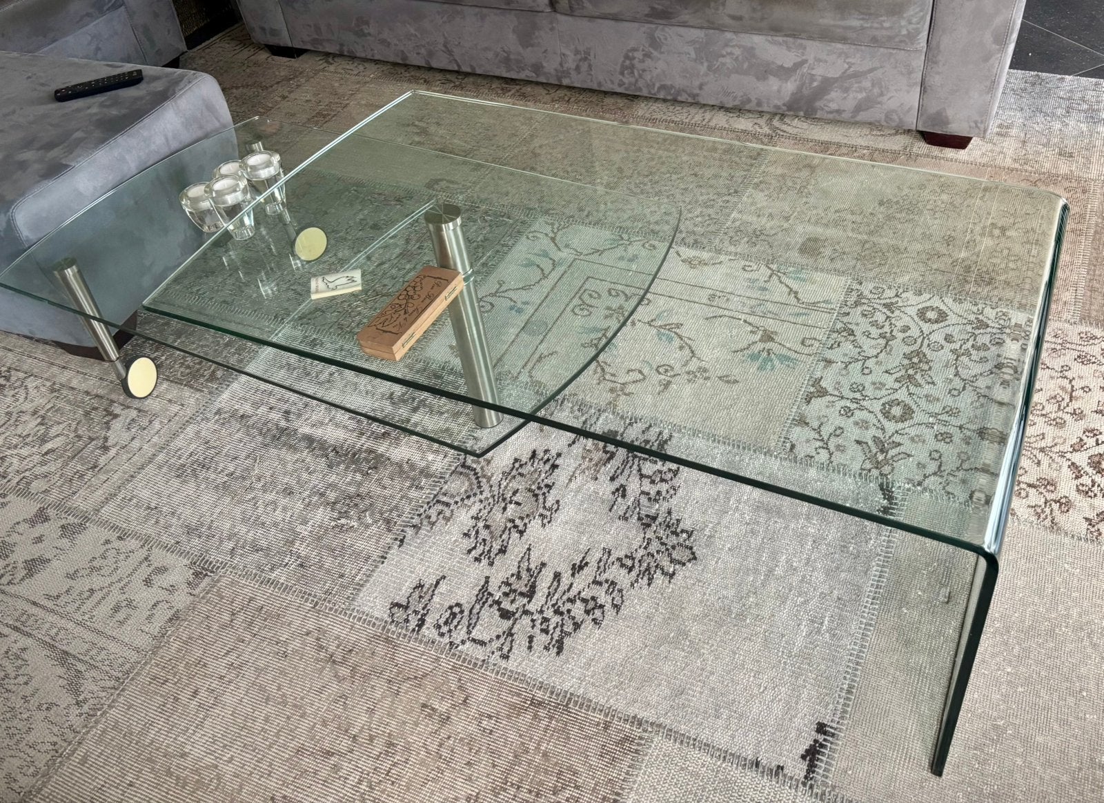 Glazen Salontafel met Twee Niveaus, Ophalen, Gebruikt, 100 tot 150 cm, 50 tot 100 cm