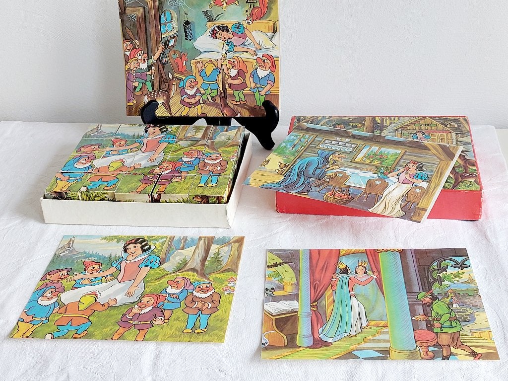 vintage houten blokkenpuzzel van Sneeuwwitje en de 7 dwergen, Ophalen, Sneeuwwitje of Doornroosje, Zo goed als nieuw, Overige typen