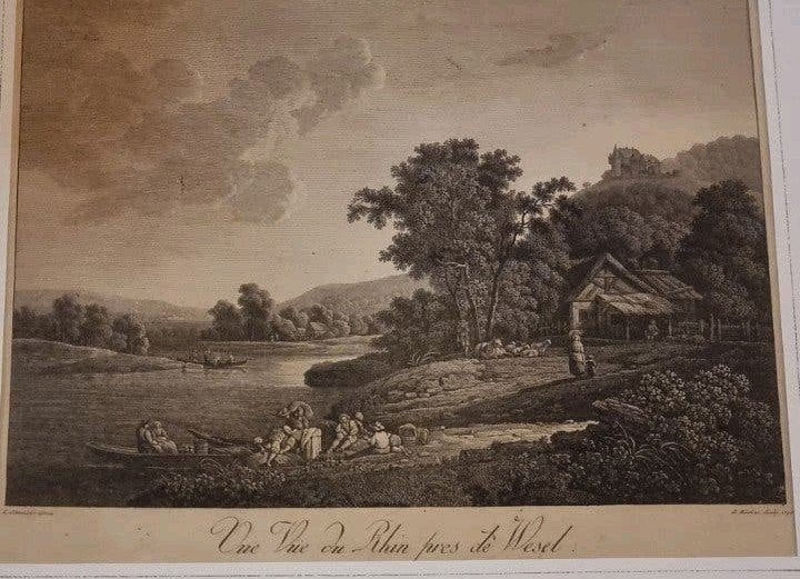 Antieke Gravure: Gezicht op de Rijn bij Wesel (1796), Ophalen of Verzenden, Gravure, Gesigneerd, Landschap
