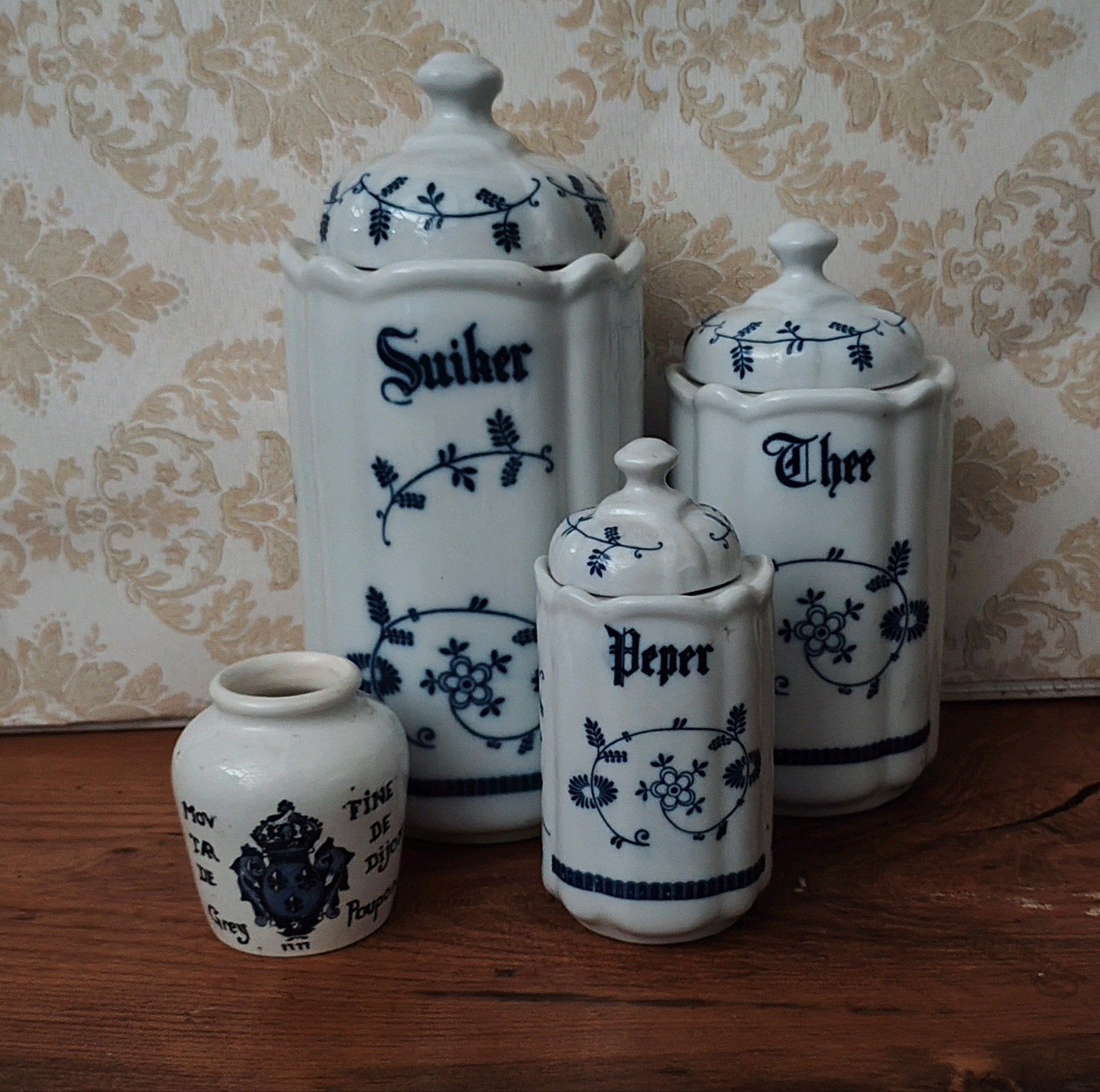 Antieke Keukenset: Suiker, Thee, Peper Potten & Mosterdpot, Ophalen of Verzenden