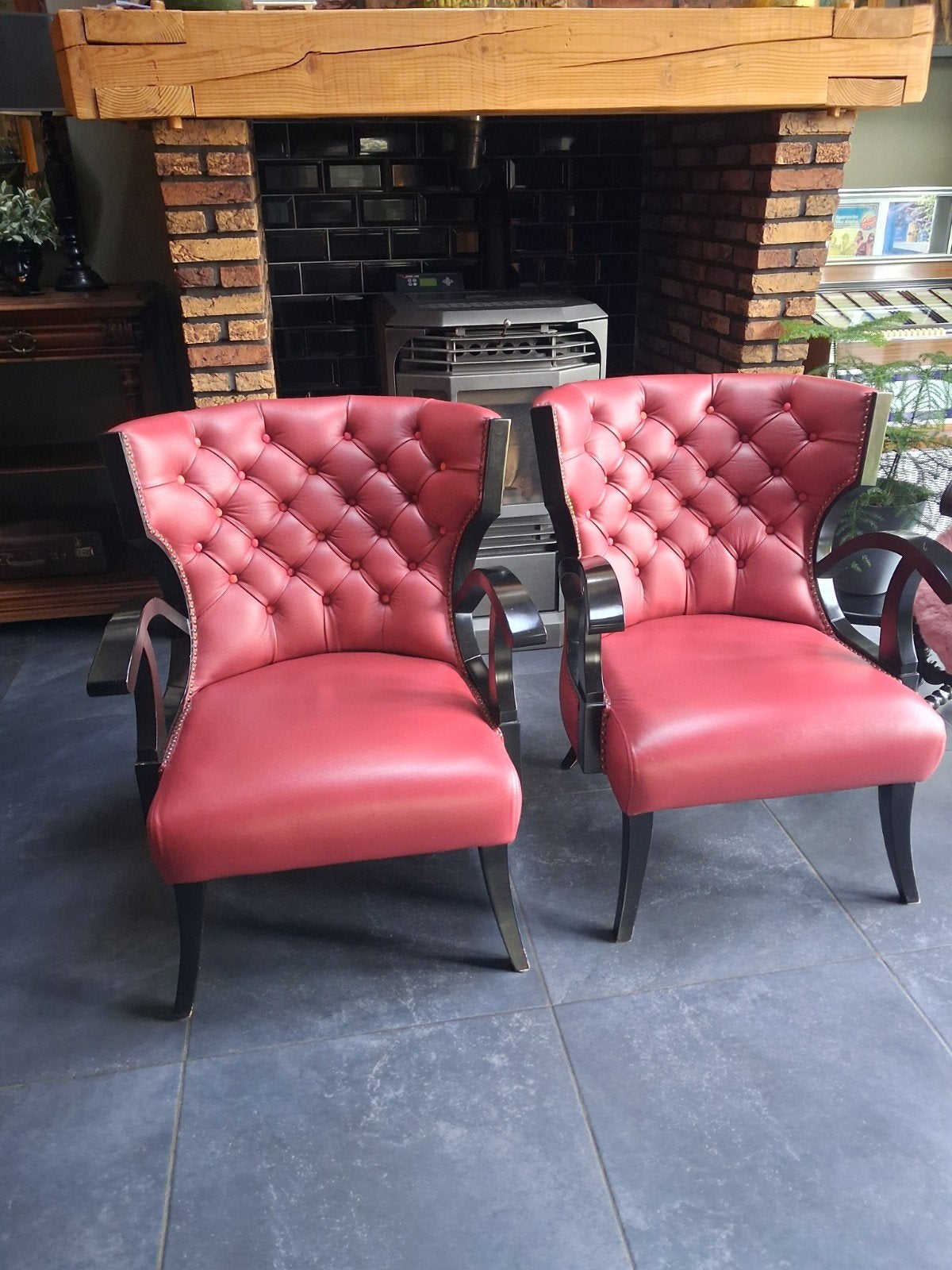 Set van 2 Chesterfield fauteuils in rood leer, Huis en Inrichting, Ophalen, Gebruikt, Twee, Chesterfield