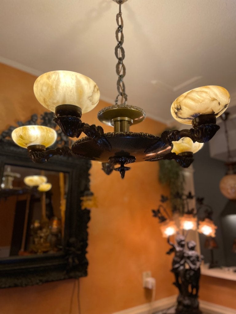 Jugendstill 5 arms kroonluchter met albast of marmer €175,00, Ophalen