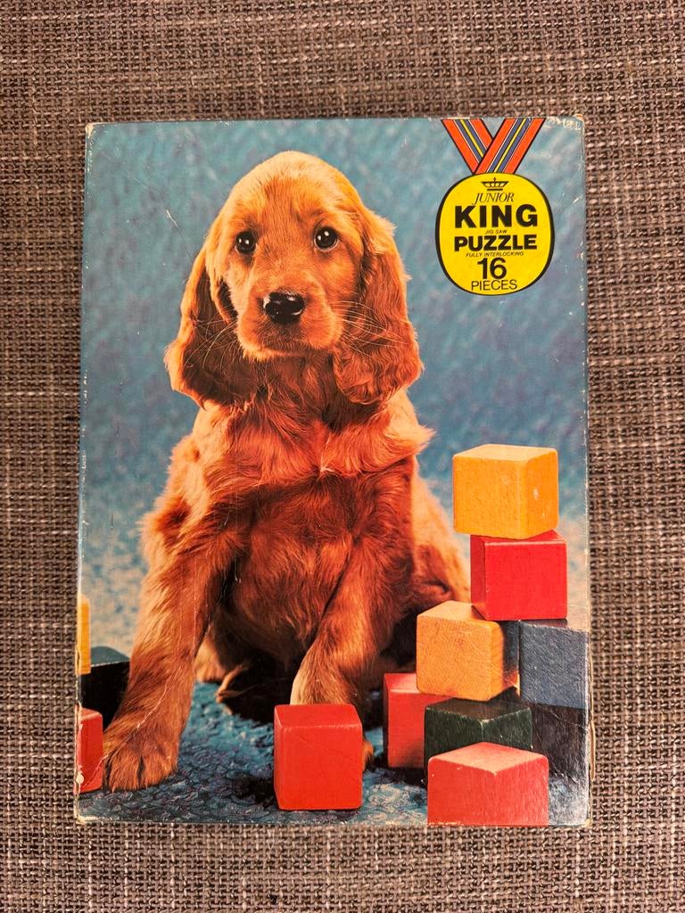 Vintage Junior King Puzzel met Puppy - 16 Stukjes, Ophalen of Verzenden, Minder dan 500 stukjes, Gebruikt, Legpuzzel