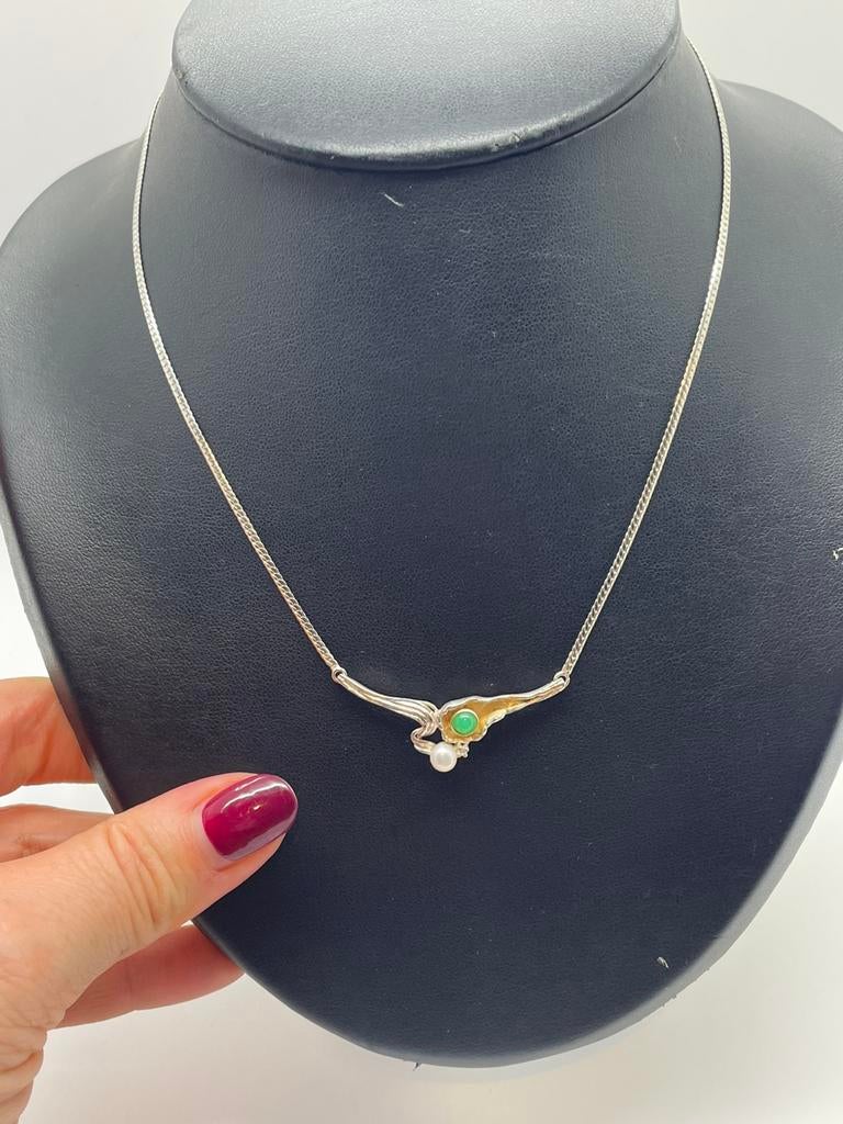 C861 Prachtige zilveren ketting bicolor parel jade, Sieraden, Tassen en Uiterlijk, Antieke sieraden, Ophalen of Verzenden, Zilver