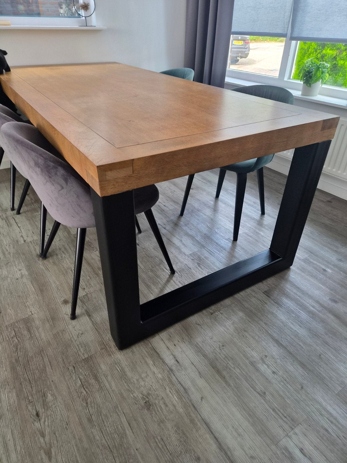 Robuuste eettafel met metalen onderstel 220x100 cm, Gebruikt, 200 cm of meer, Industrieel, Modern, 50 tot 100 cm