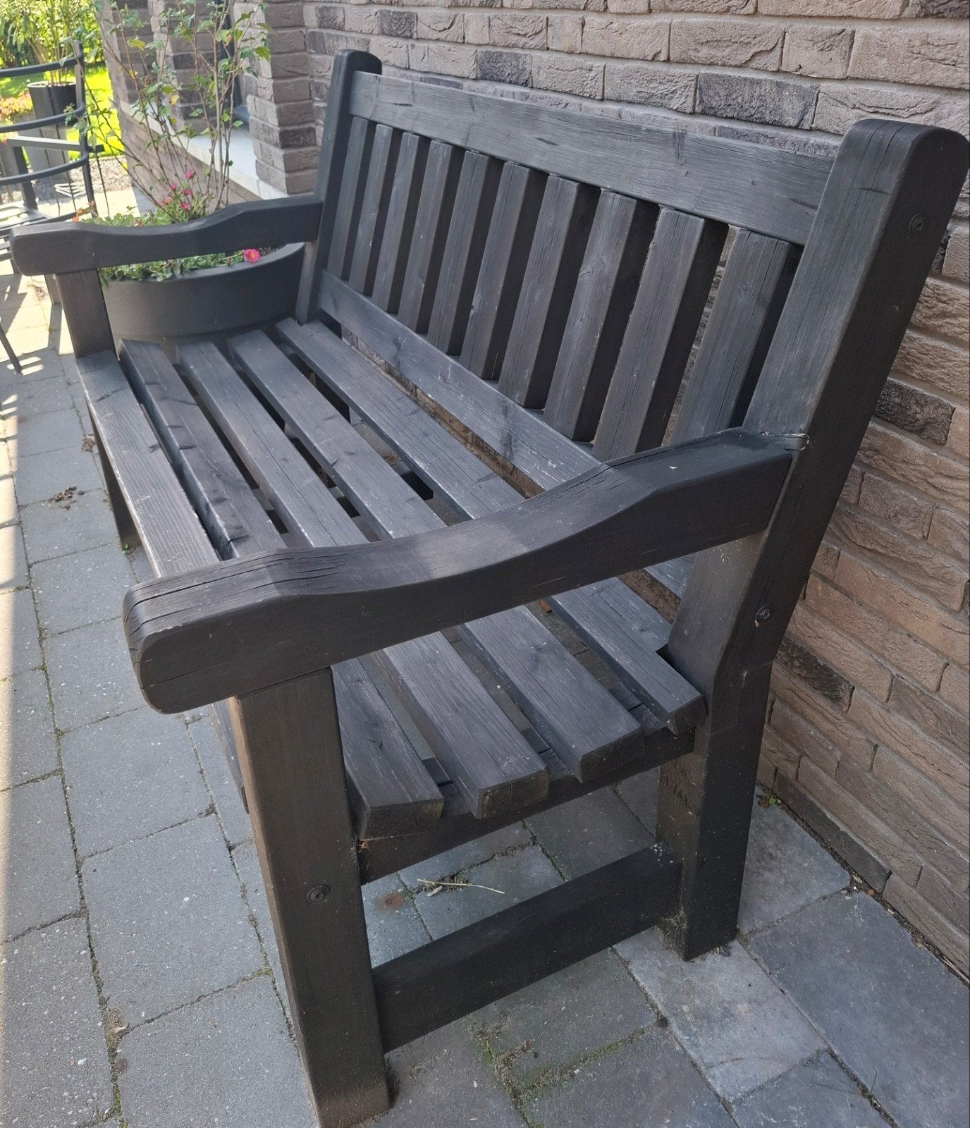 Massief houten tuinbank met groene kussen, Tuin en Terras, Ophalen, Gebruikt, Hout