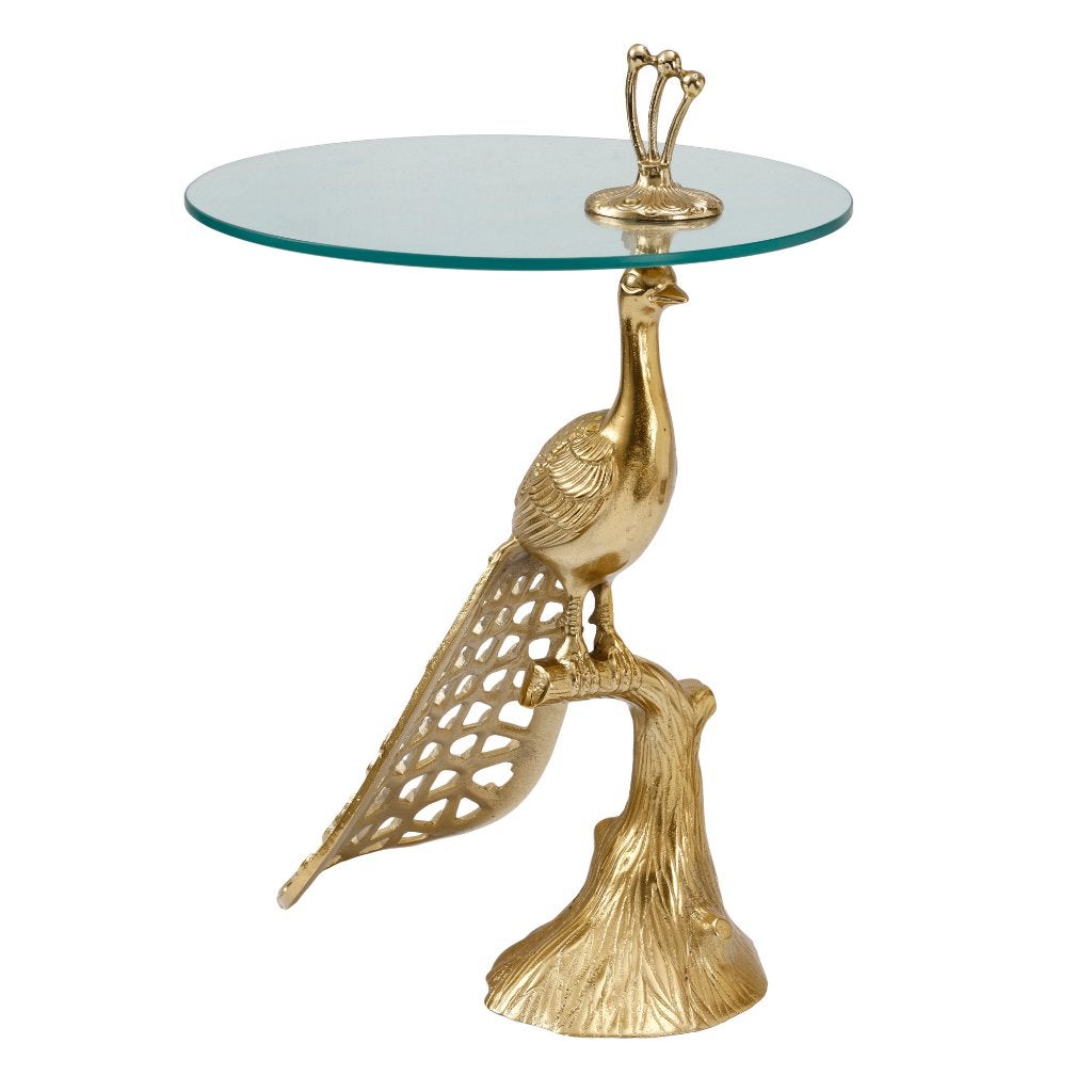 NIEUWE BIJZETTAFEL PAUW GOUD met GLAZEN BLAD 46 cm., Brocante, Info@ptmd.nl, Nieuw, Ophalen of Verzenden
