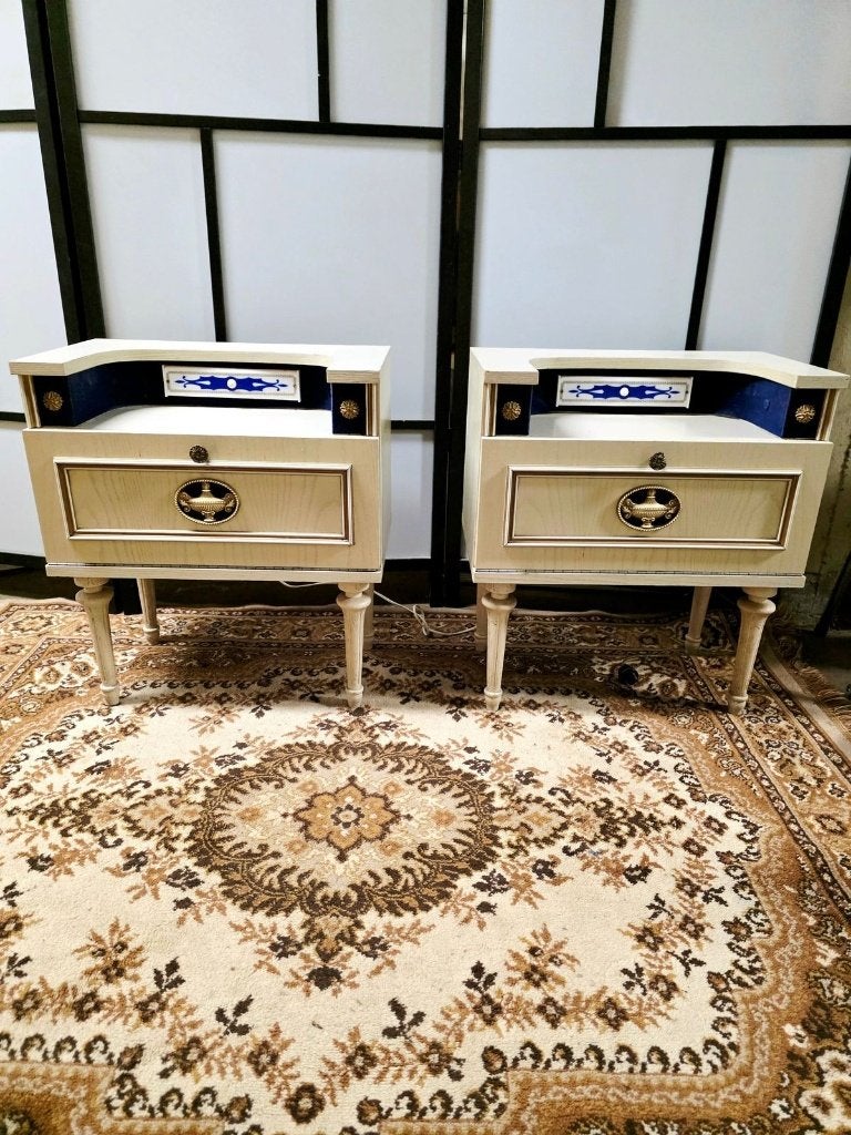 Vintage 60s Mid-Century French KUOM Nightstand–Lighted(Set ), Huis en Inrichting, Slaapkamer | Nachtkastjes, Gebruikt, 55 tot 70 cm