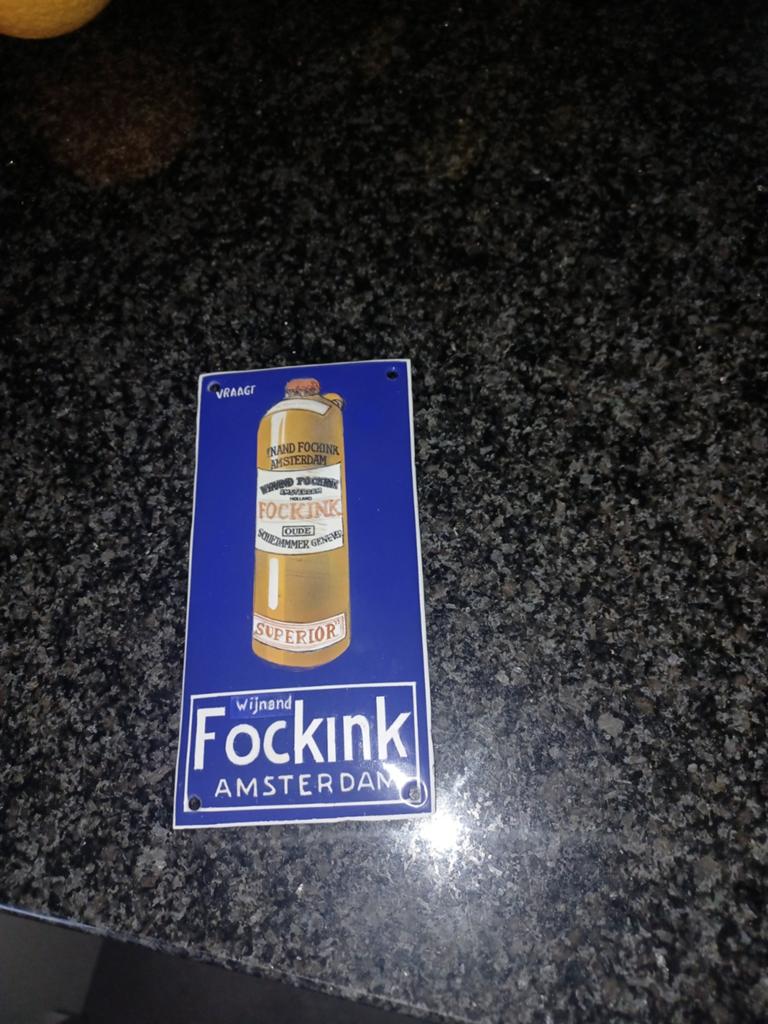 Deurpostje Wijnand Fockink Genever. Reclamebord emaille., Ophalen, Gebruikt, Reclamebord