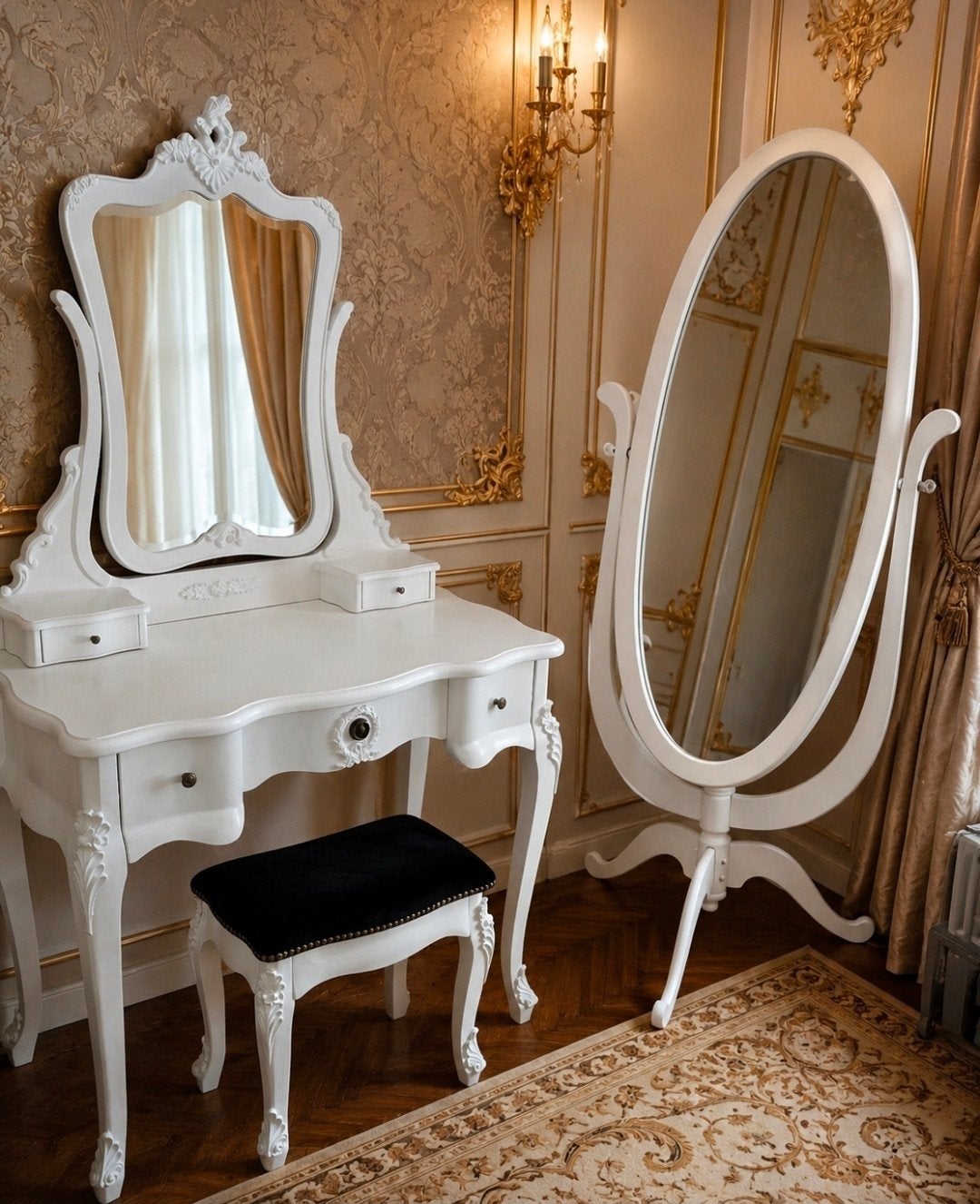 Witte kaptafel met spiegel en krukje, barokstijl, Huis en Inrichting, 100 tot 150 cm, 100 tot 150 cm, Barok, Klassiek, Rococo