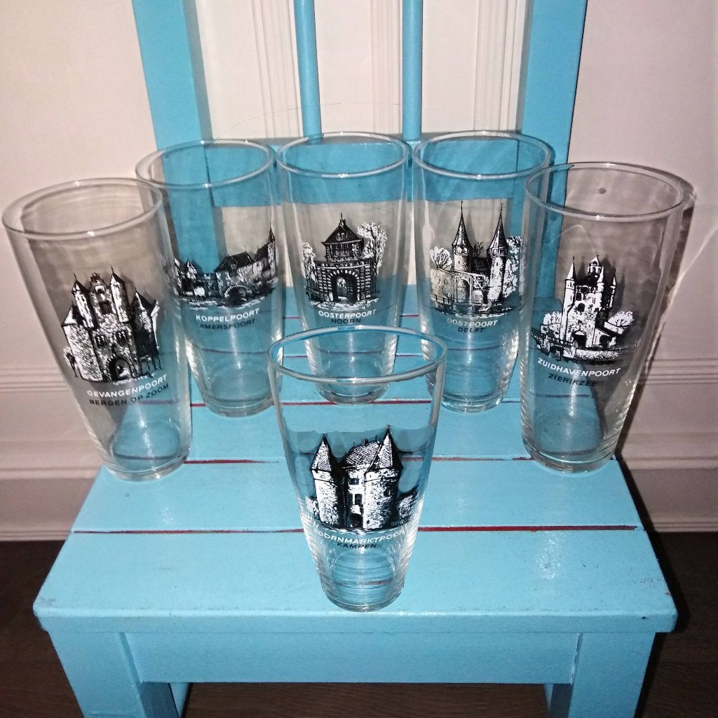 Glazen Nederlandse Stadspoorten complete set van 6 stuks, Ophalen, Gebruikt, Bierglas