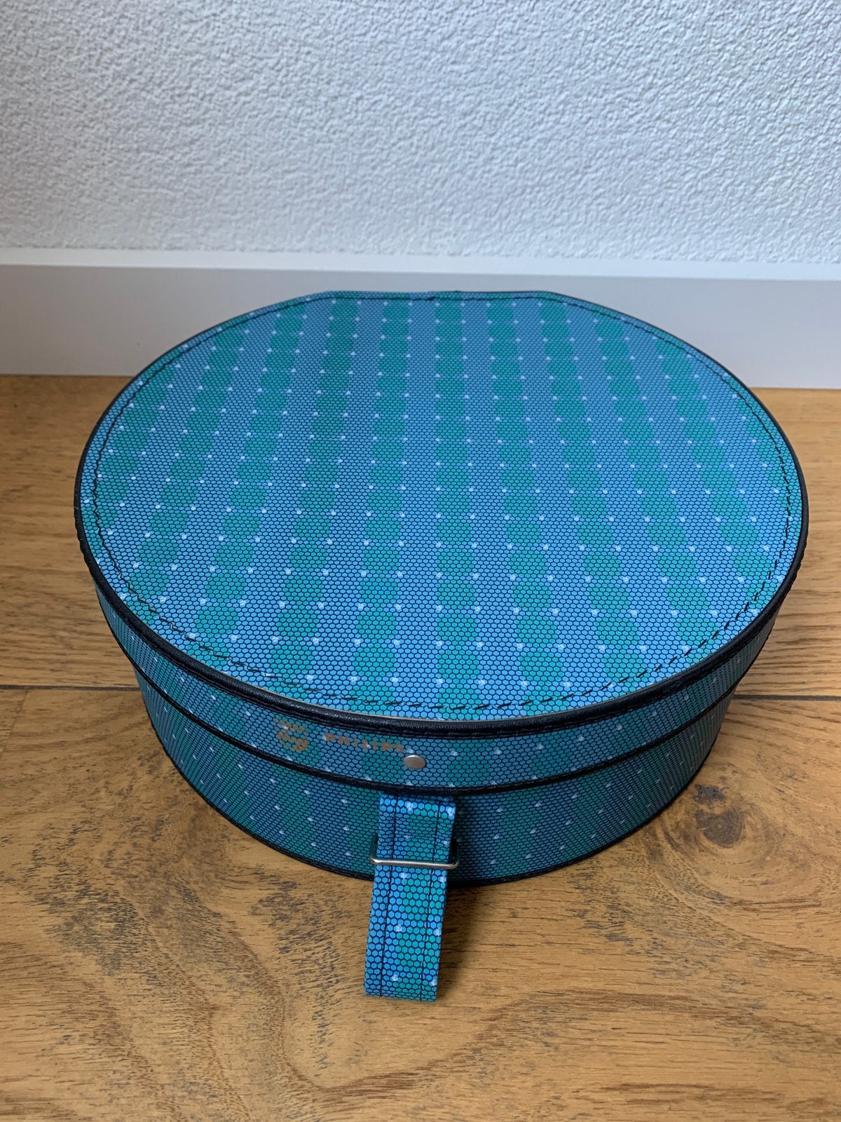 Vintage Philips blauw - groen gestreepte ronde koffer, Ophalen of Verzenden
