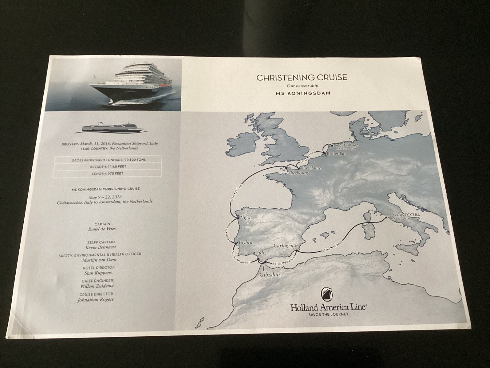 Groot blad doop cruise MS Koningsdam Holland America Lijn, Ophalen of Verzenden, Zo goed als nieuw, Kaart, Foto of Prent
