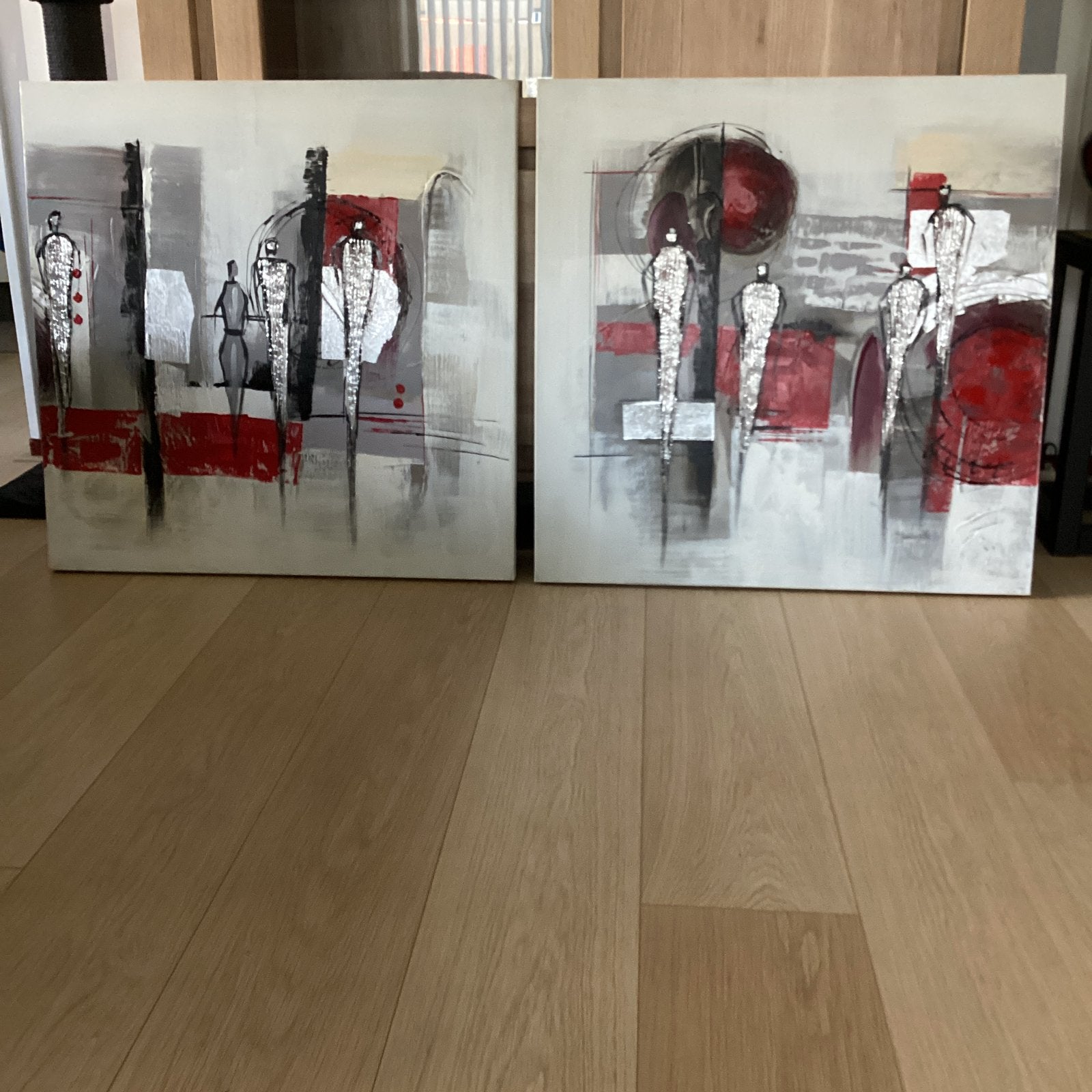 Twee moderne schilderijen: doek op houten frame 75x75, Ophalen, Zo goed als nieuw, Schilderij