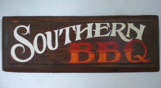 Stoer vintage houten reclame bord / barbecue / bbq / Amerika, 26 cm, Hout, Ophalen of Verzenden, B6