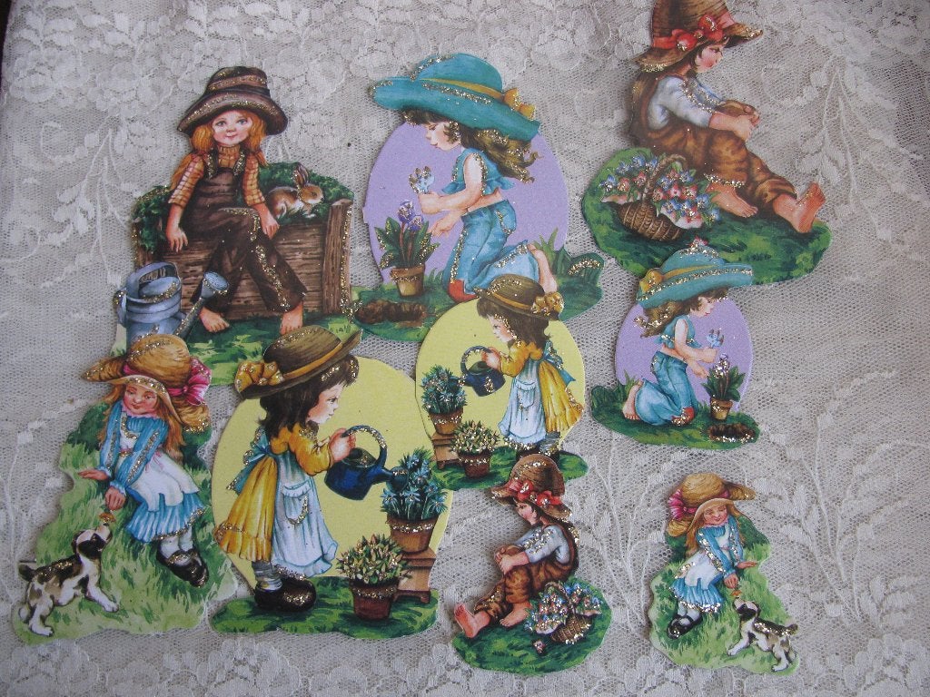 9 Vintage Poesieplaatjes - Kinderen in de Tuin / Bloemen, Verzenden