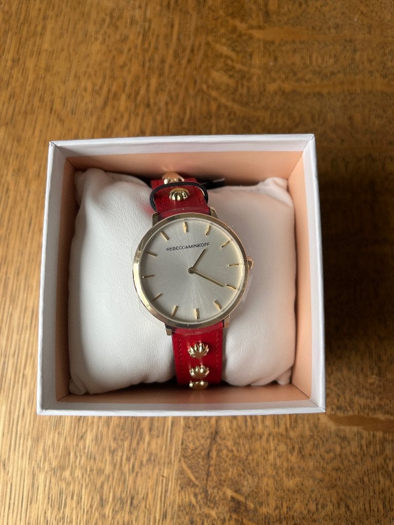 Rebecca Minkoff Gouden horloge met rood lederen bandje, Overige merken, Leer, Staal, Polshorloge