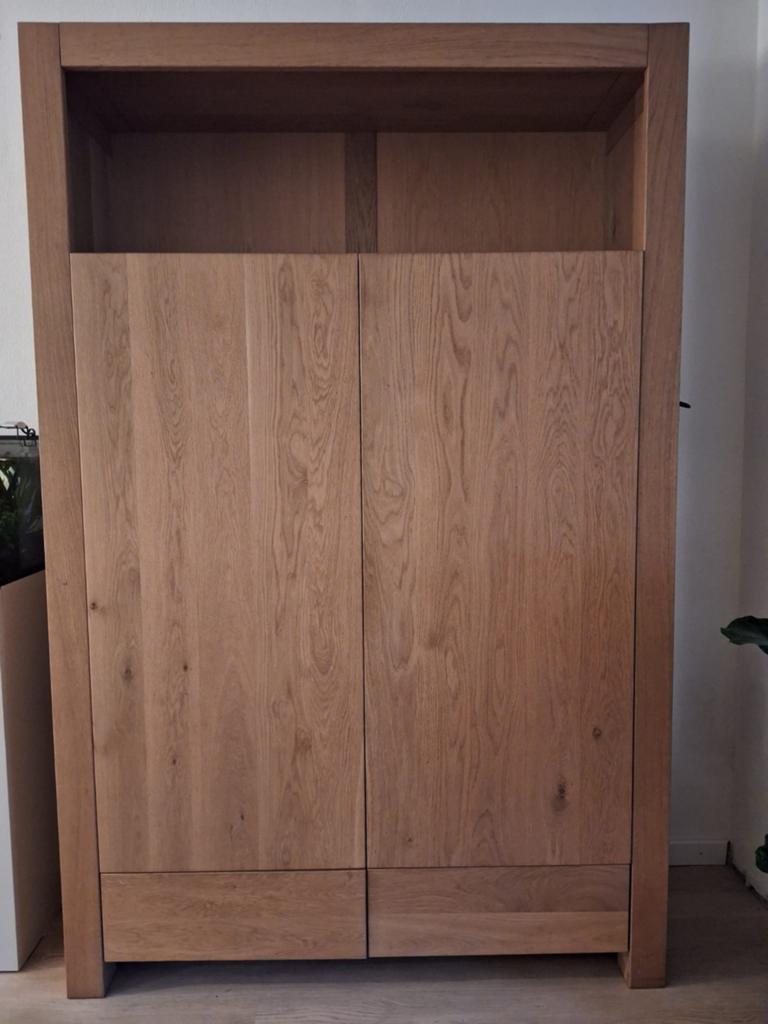 Strakke massief eiken buffetkast en bijbehorend dressoir, Ophalen, Gebruikt, Eikenhout