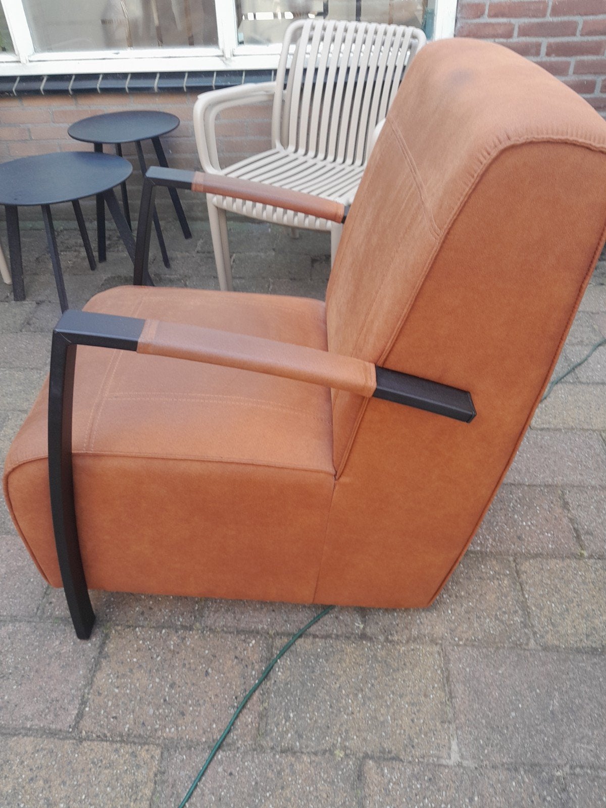 Comfortabele fauteuil in cognac kleur, Huis en Inrichting, Fauteuils, Ophalen, Gebruikt, 75 tot 100 cm, Stof
