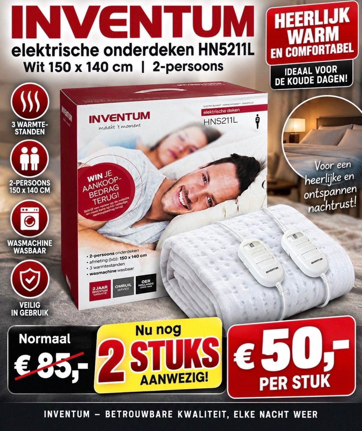 Nieuw  !! Inventum HN5211L Elektrische Onderdeken 2-persoons, Wit, Ophalen of Verzenden, Deken of Dekbed, Polyester