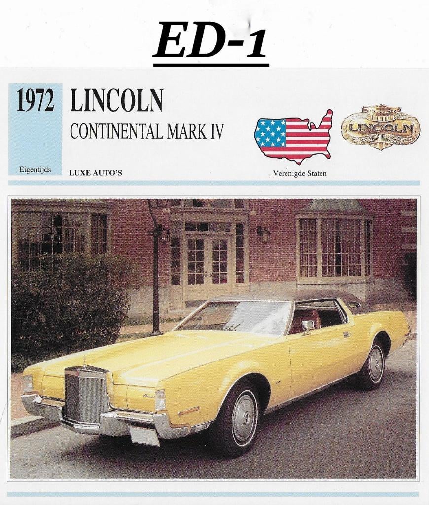 Ed1 autokaart lincoln continental mark iv ( 1972 ), Ophalen of Verzenden, Zo goed als nieuw, Auto's