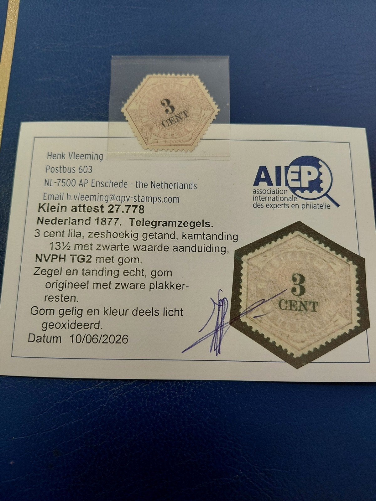 Nederland NVPH TG2 telegramzegel 1877 met certificaat, Postzegels en Munten, Postzegels | Nederland, Ophalen of Verzenden, T/m 1940