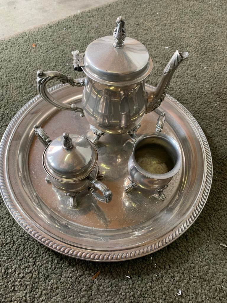 Vintage Verzilverd Theeservies met Dienblad, Antiek en Kunst, Antiek | Goud en Zilver, Ophalen, Zilver