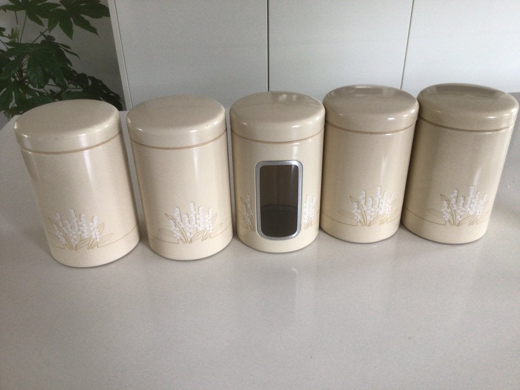 5 vintage Brabantia beige meiklokjes erop voorraadbussen, Ophalen, Gebruikt