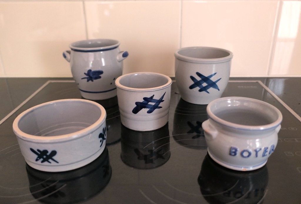 5 vintage Keulse potjes  grijs-blauw aardewerk, Ophalen of Verzenden