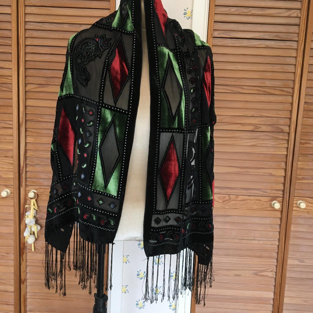 Vintage doorzichtig met fluweel zwart/rood/groen omslagdoek, Ophalen of Verzenden, Zo goed als nieuw, Maat 34 (XS) of kleiner