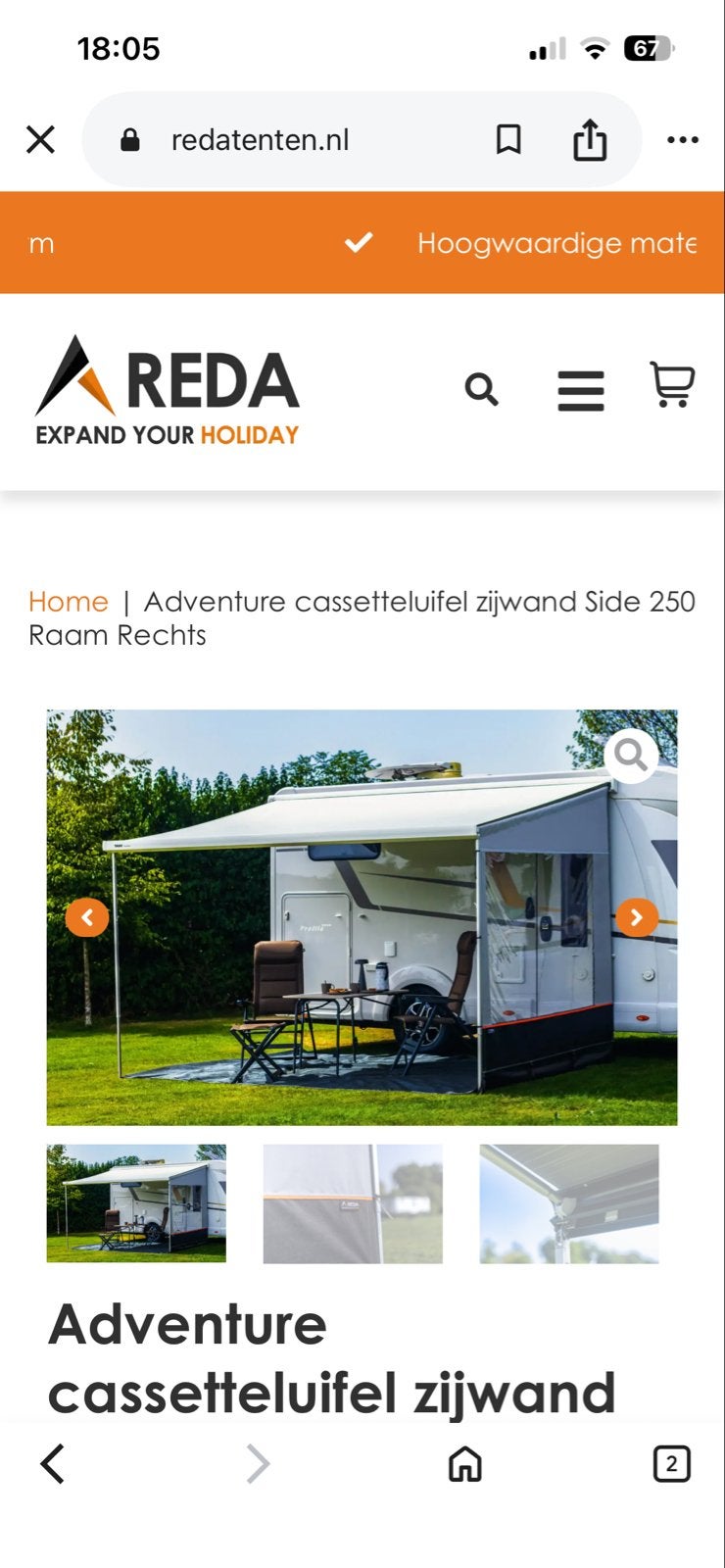 Reda Adventure cassetteluifel zijwand Side 250 Raam Rechts, Caravans en Kamperen, Ophalen, Gebruikt, Polyester, Reda