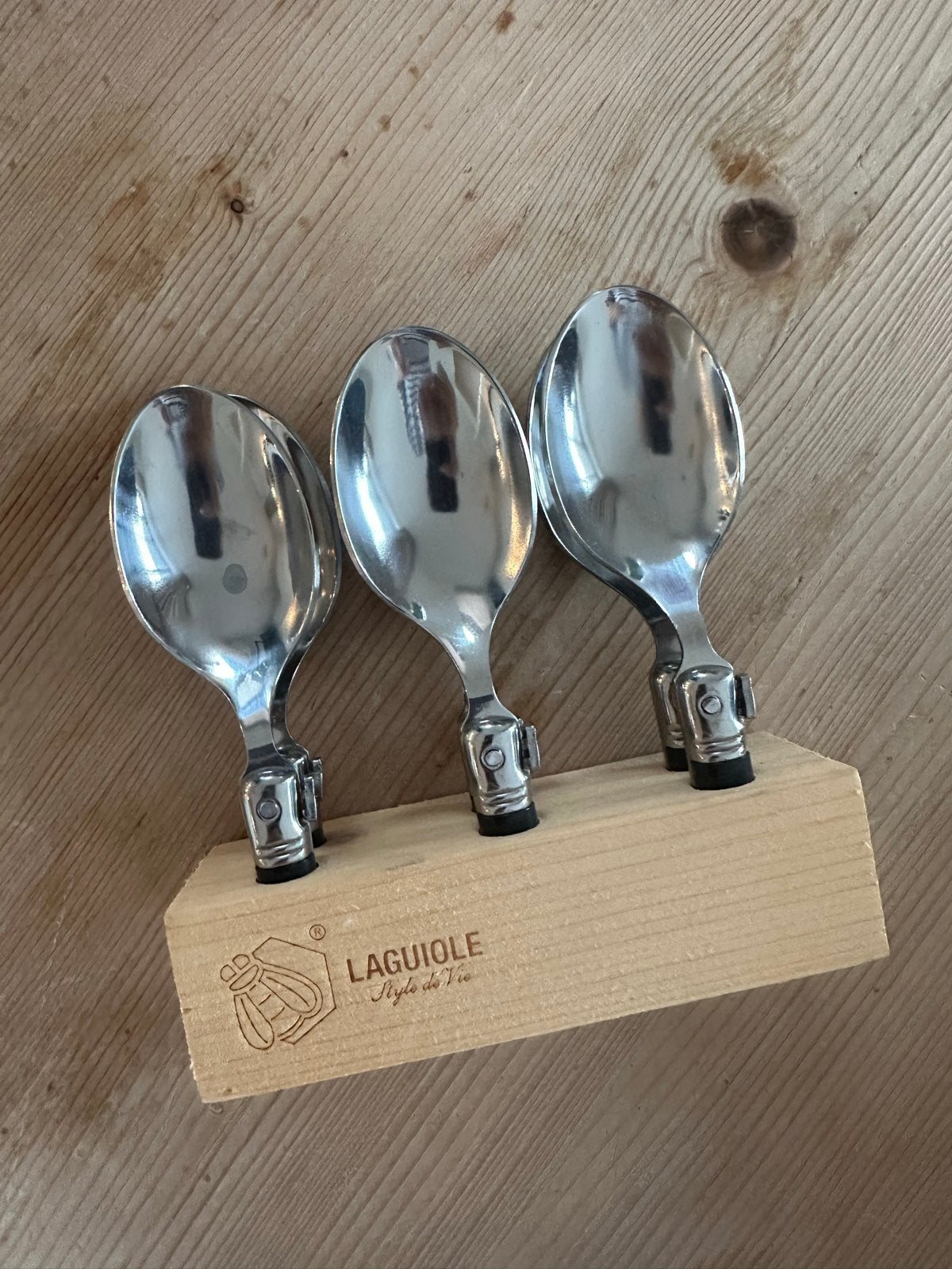 Laguiole Amuse Lepelset met Houten Houder, Huis en Inrichting, Laguiole, Ophalen of Verzenden, Zo goed als nieuw, Rvs of Chroom
