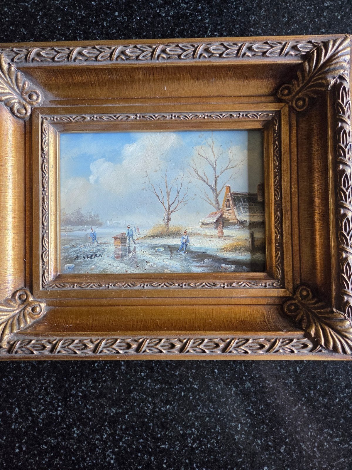 Schilderij A. Stern - Hollands winterlandschap met schaatser, Paneel, Realistisch, Ophalen of Verzenden, Landschap