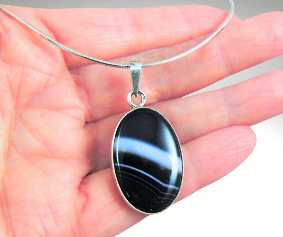 Schitterende 925 zilver zwarte BOTSWANA AGAAT ketting!, Overige kleuren, Verzenden, Zo goed als nieuw, X