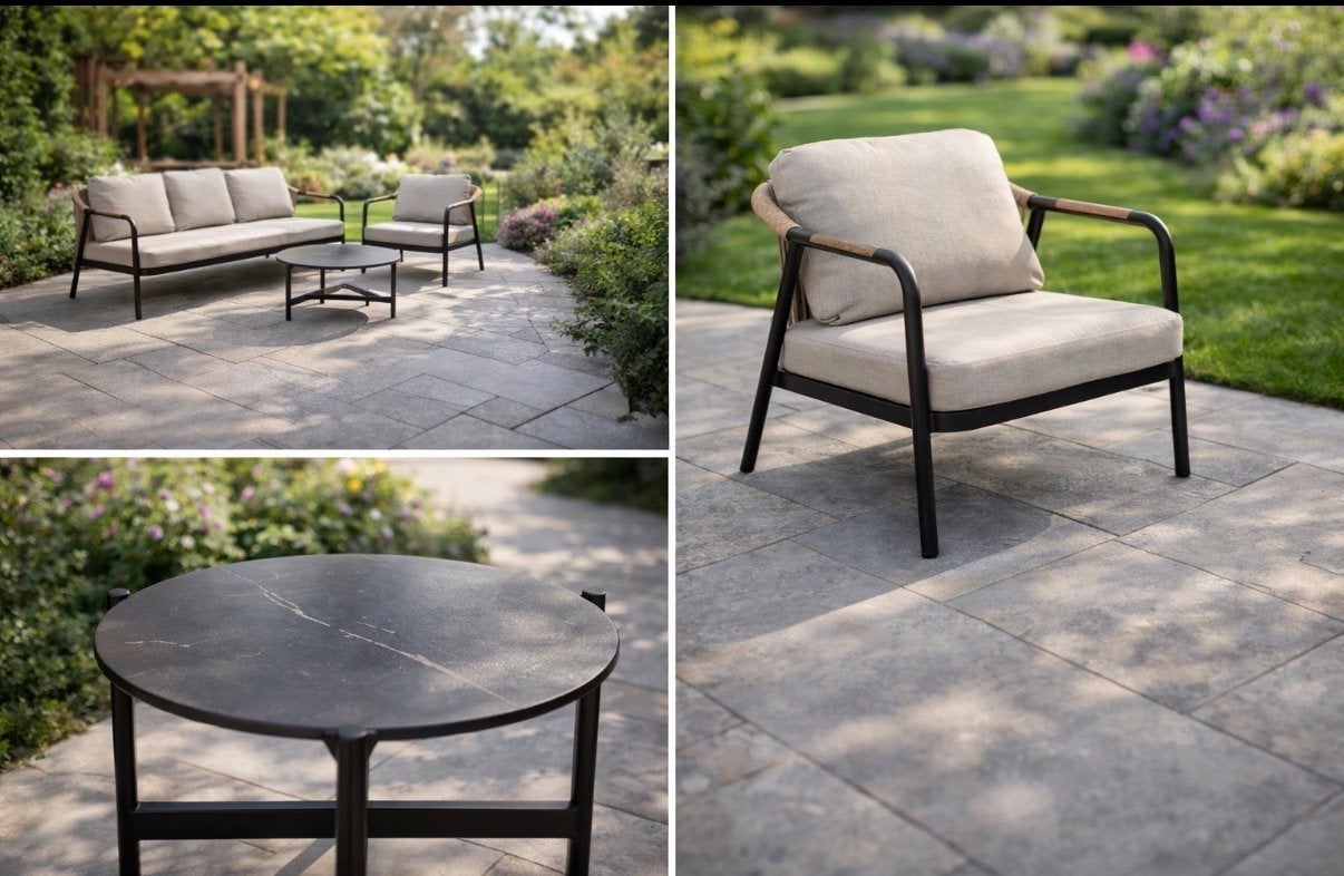 Nieuwe Hartman Loungeset - Zwart Aluminium & Beige Kussens, Ophalen, 5 zitplaatsen, Loungeset, Bank