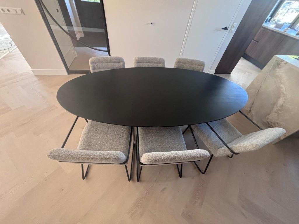 Eettafel ovaal (zwart) met 6 stoelen (lichtgrijs), Ophalen, Gebruikt, 4 tot 6 stoelen