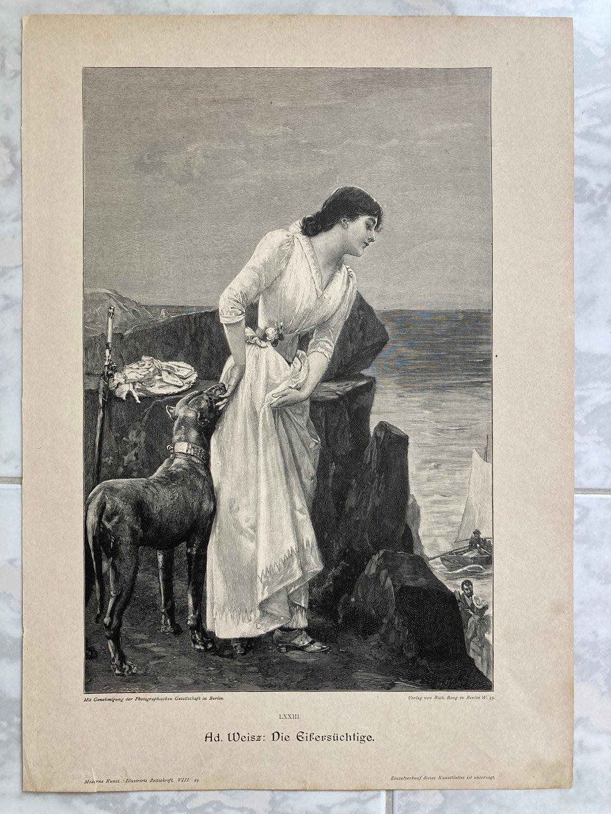 Ad. Weisz: Die Eifersüchtige, or. gravure 1899, 31x20cm., 31 cm, 1800 - 1899, Portret, Ophalen of Verzenden