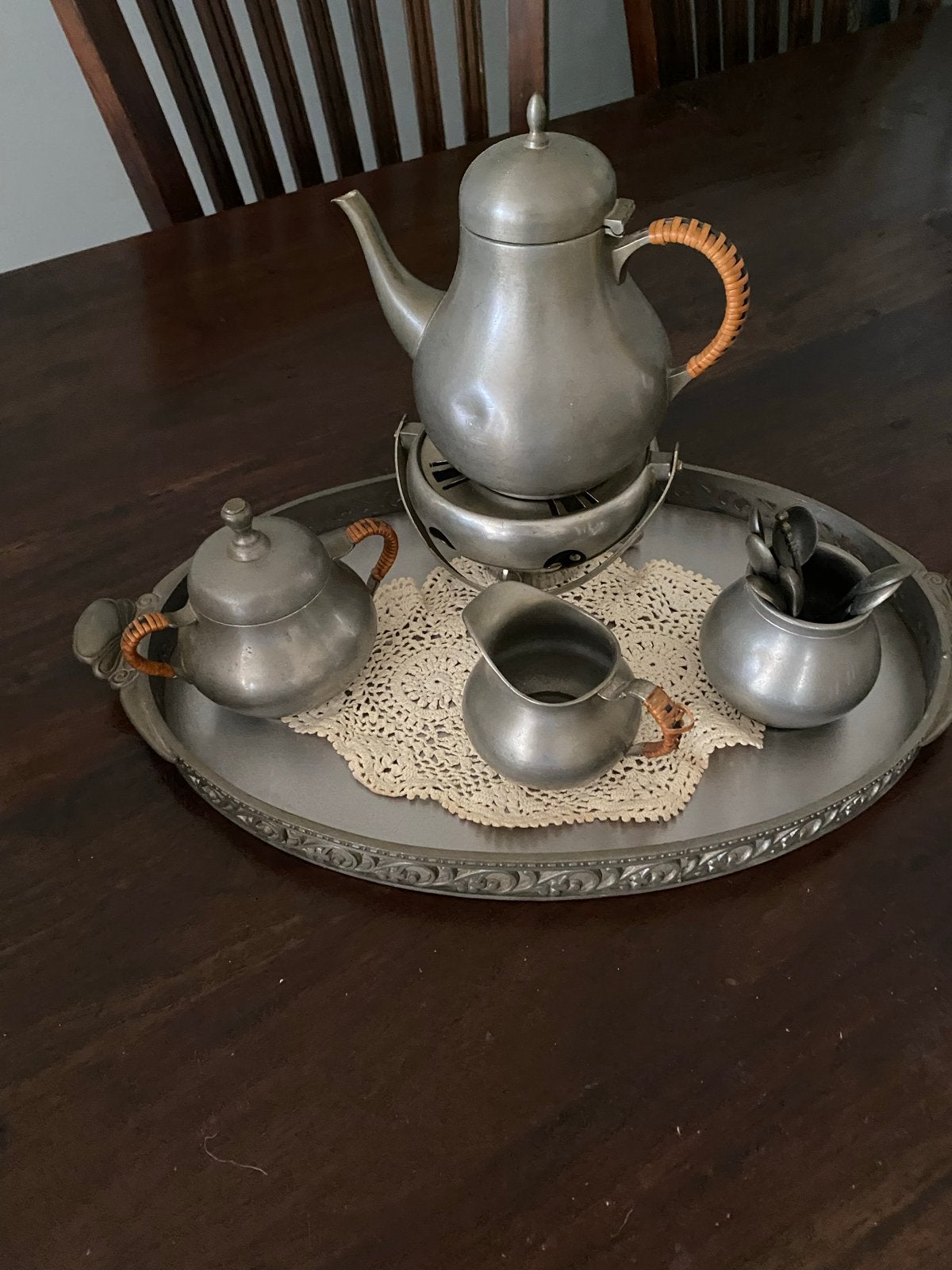 Antiek tinnen theeservies met dienblad en rechaud, Antiek en Kunst, Ophalen