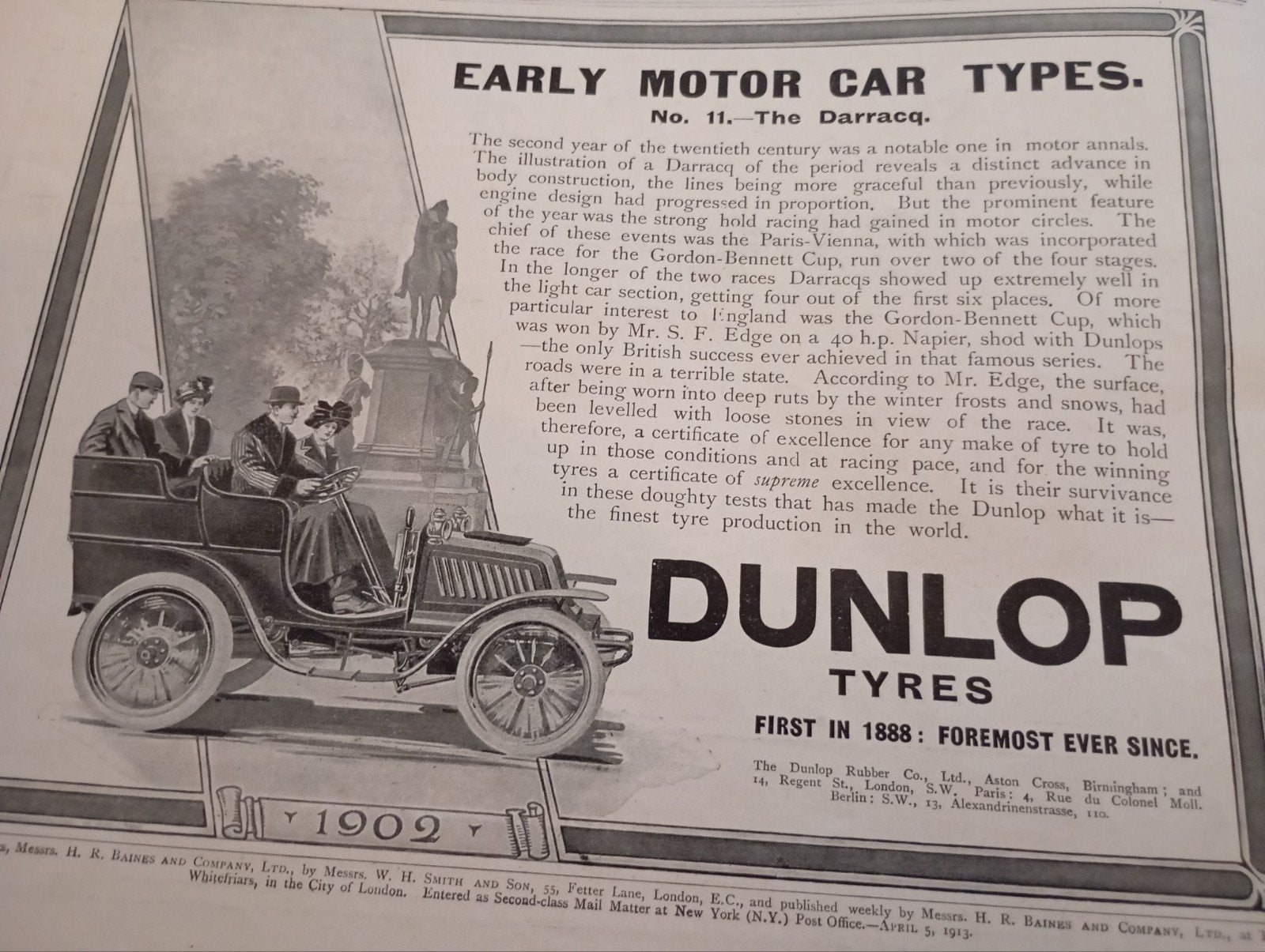 Vintage Dunlop Tyres 1913 advertentie, Ophalen of Verzenden, Overige typen