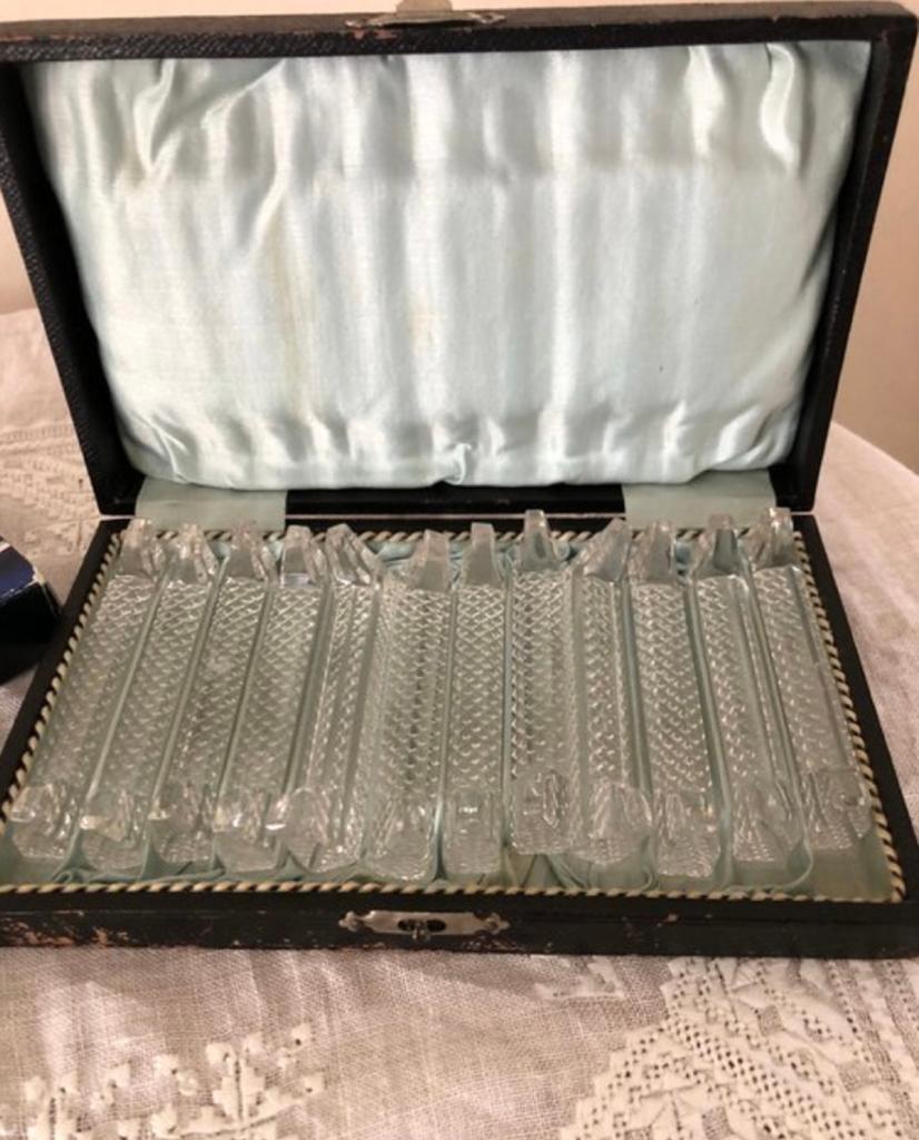 Vintage 12 messenleggers in doos, Antiek en Kunst, Antiek | Glas en Kristal, Ophalen of Verzenden